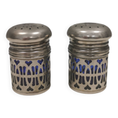 Beautiful salt and pepper set made of metal and blue glass.