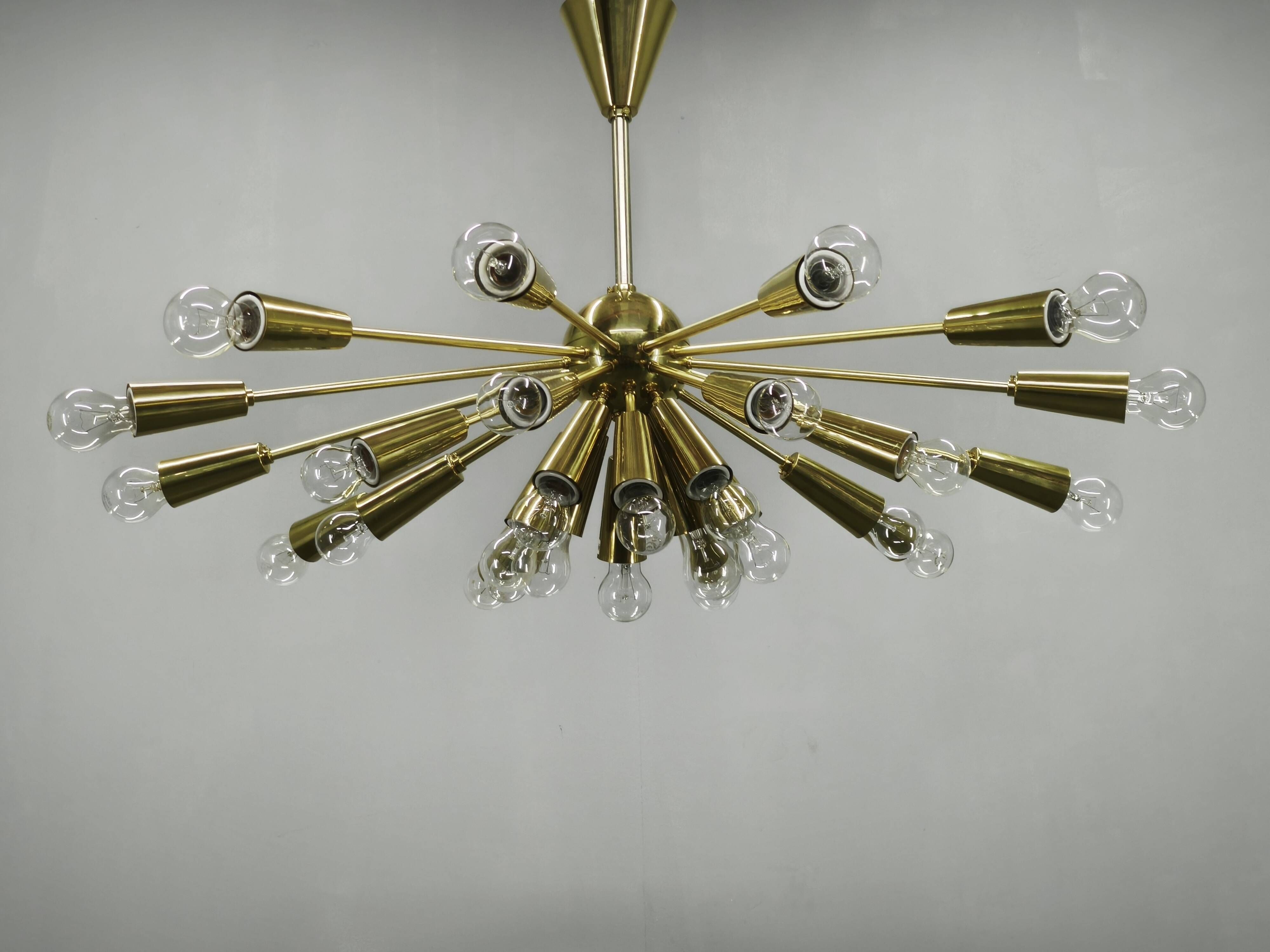 Kamenický Šenov 28-Light Brass Sputnik Chandelier, Czechoslovakia, 1970s