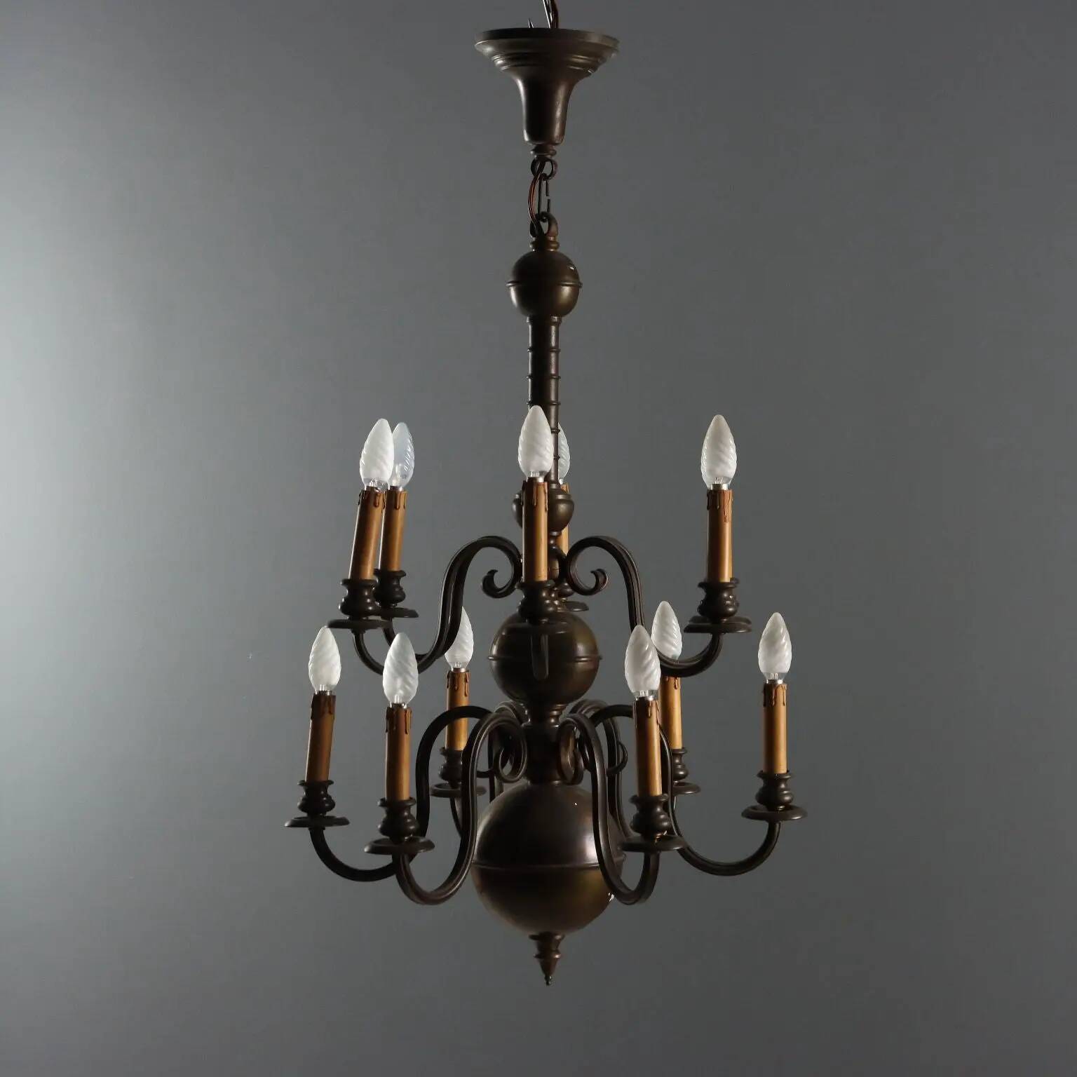 Antique bronze and glass chandelier with 12 lights, Netherlands, 20th century.