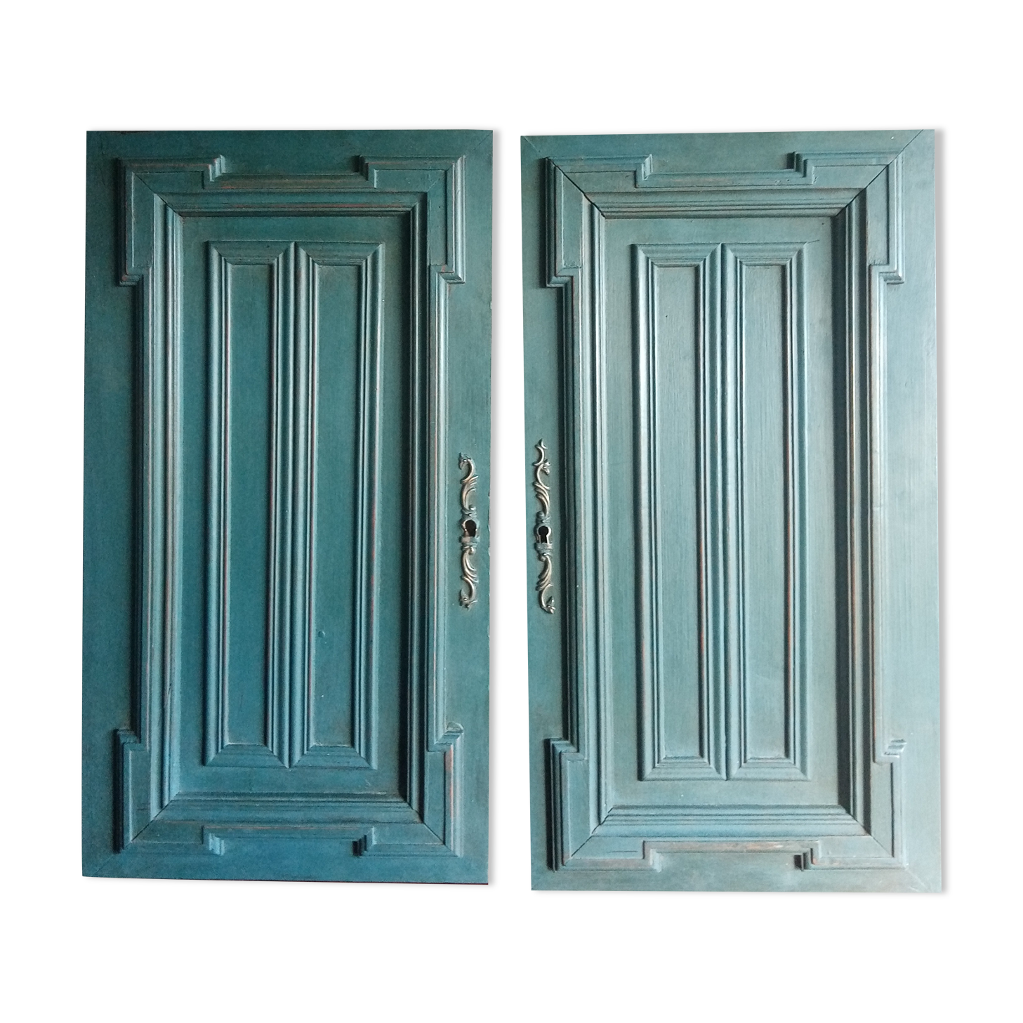 Pair Old Patinated Door Blue Aubusson Wooden Door Deco