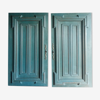 Pair Old Patinated Door Blue Aubusson Wooden Door Deco