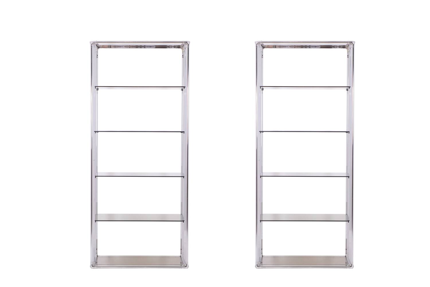 Pair of 6-shelf shelves with chrome-plated metal frames. 1970s.