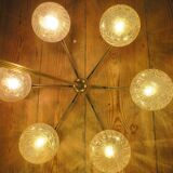 Angelo Brotto for Esperia gold-plated brass chandelier with 6 crackle-glass globes, Italy 1960s