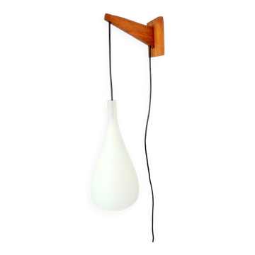Vintage Tear Drop Wall Lamp in Teak and White Glass, Denmark, 1960s