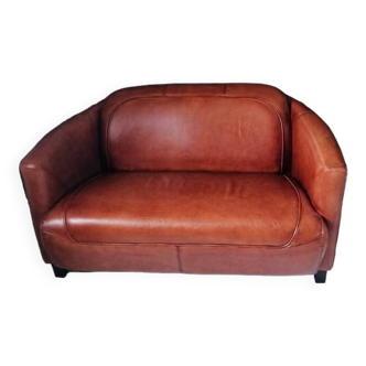 Light brown leather club sofa 2 places (Saulaie house)