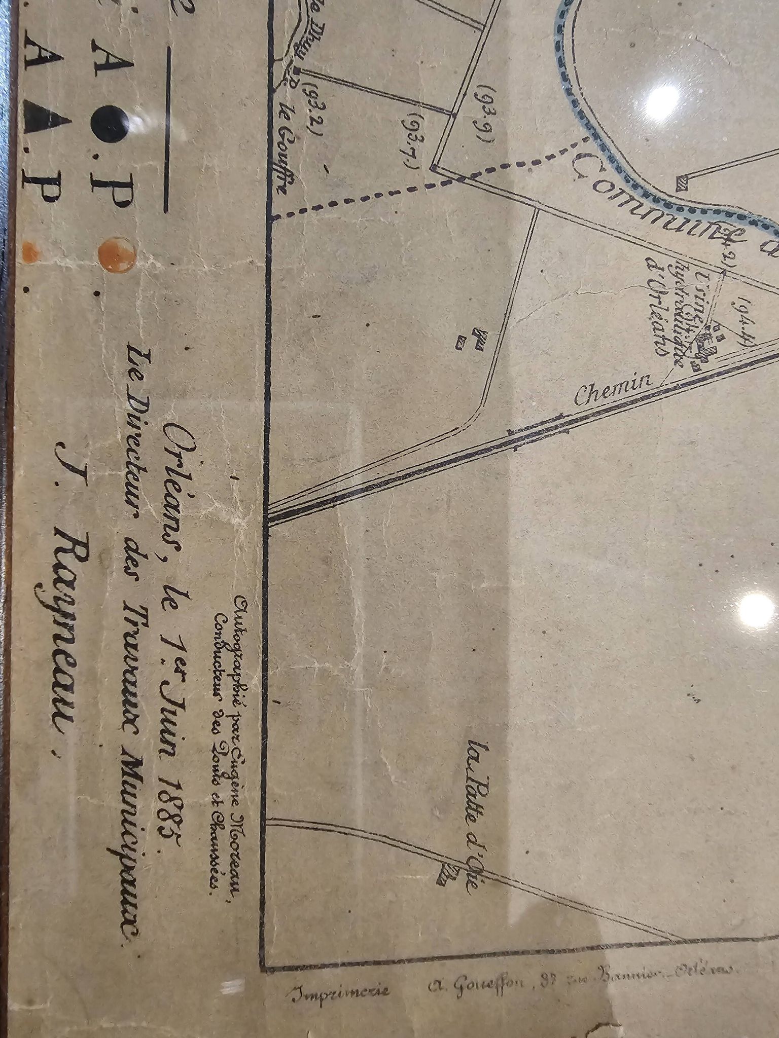 Old map of Orléans under glass frame