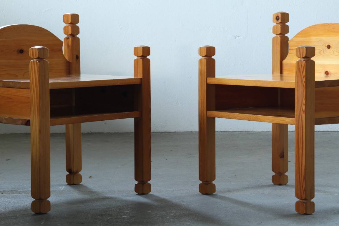 Pair of vintage chunky solid pine bedside tables, Denmark, 1970s