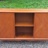 Enfilade vintage en chêne doré portes coulissantes pieds compas 1950