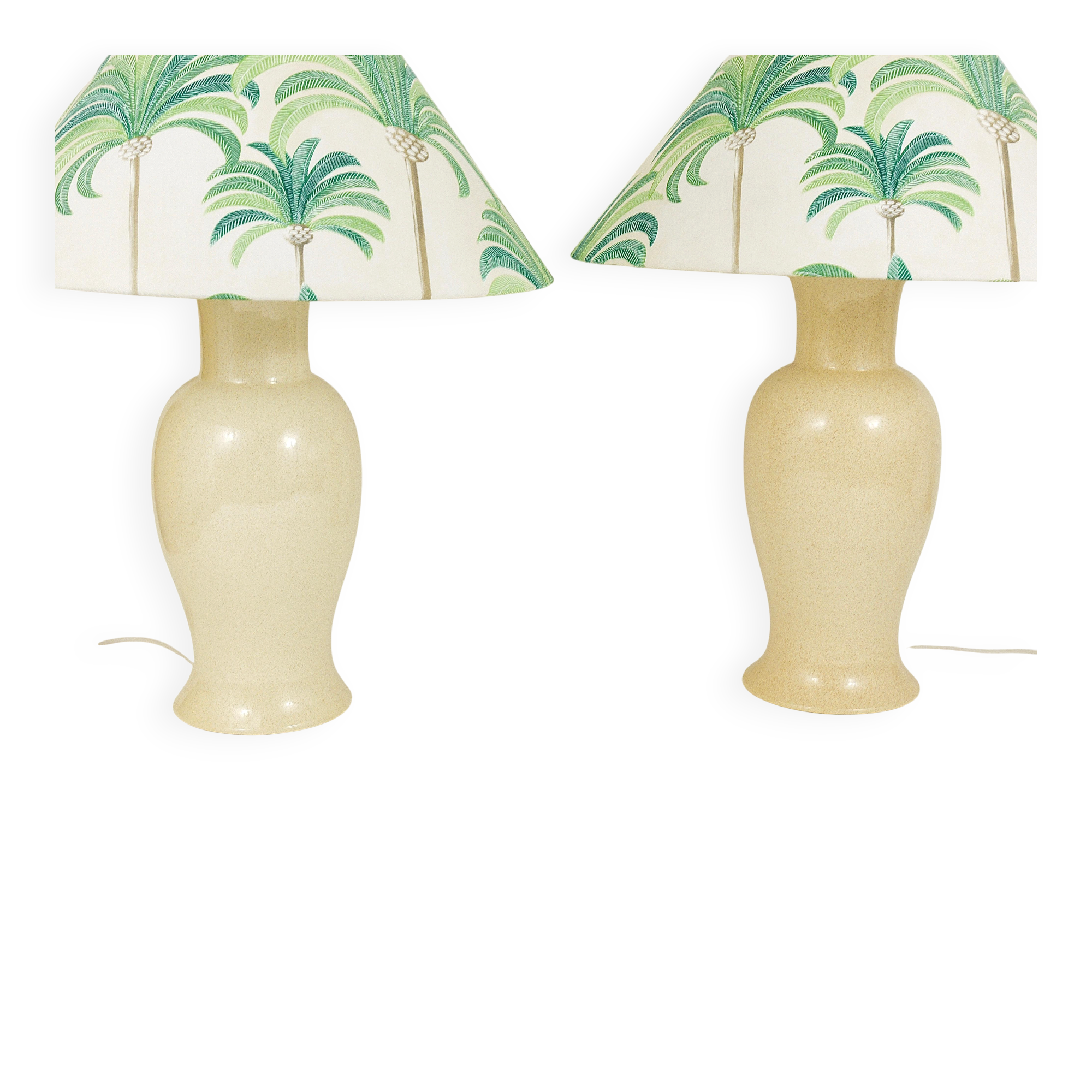 Pair of Tommaso Barbi Riviera palm tree table lamps from the 1970s with matching cushions.