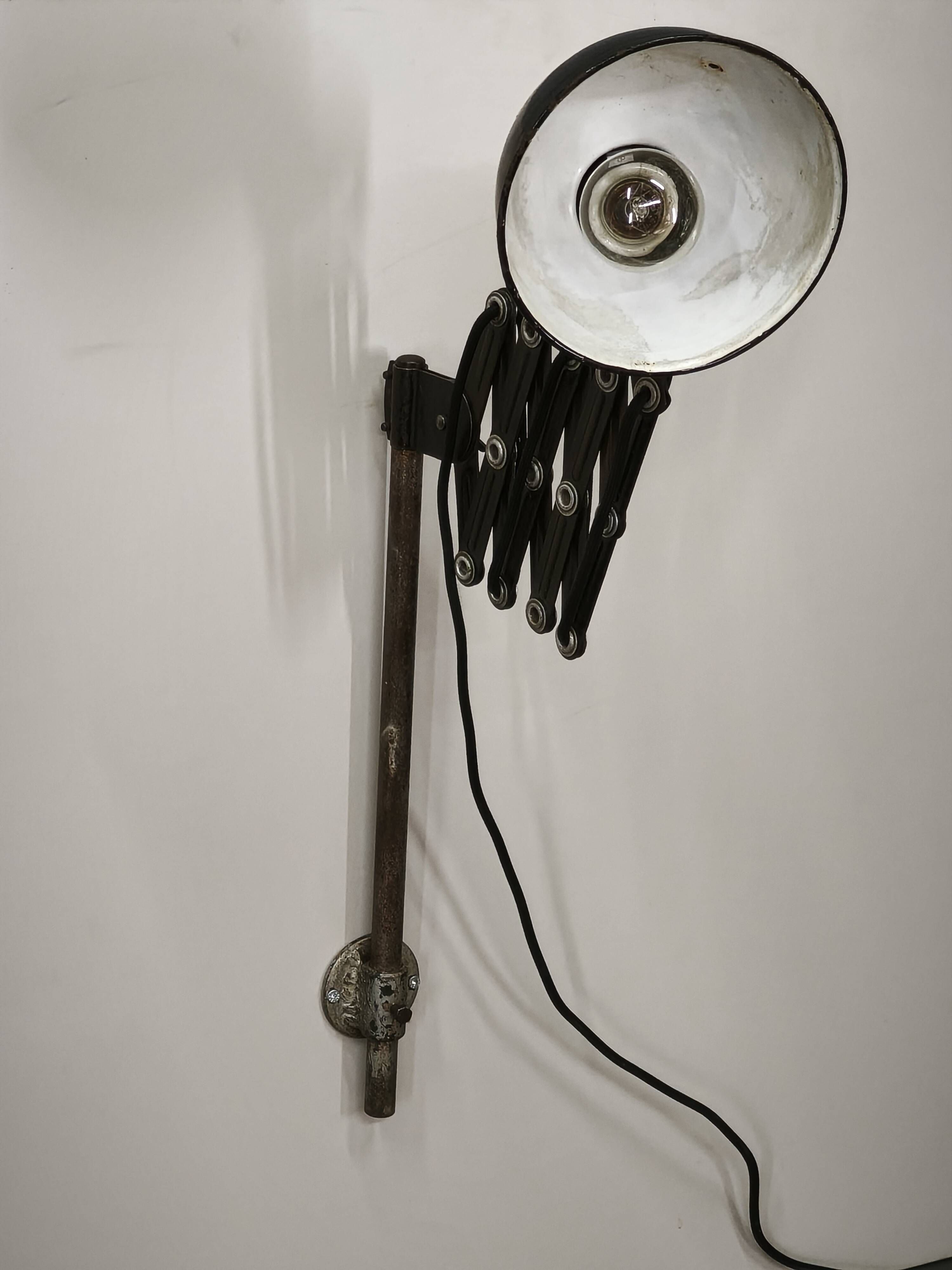 1930s Bauhaus Industrial Scissor Arm Wall Lamp, Black Enamel, Czechoslovakia