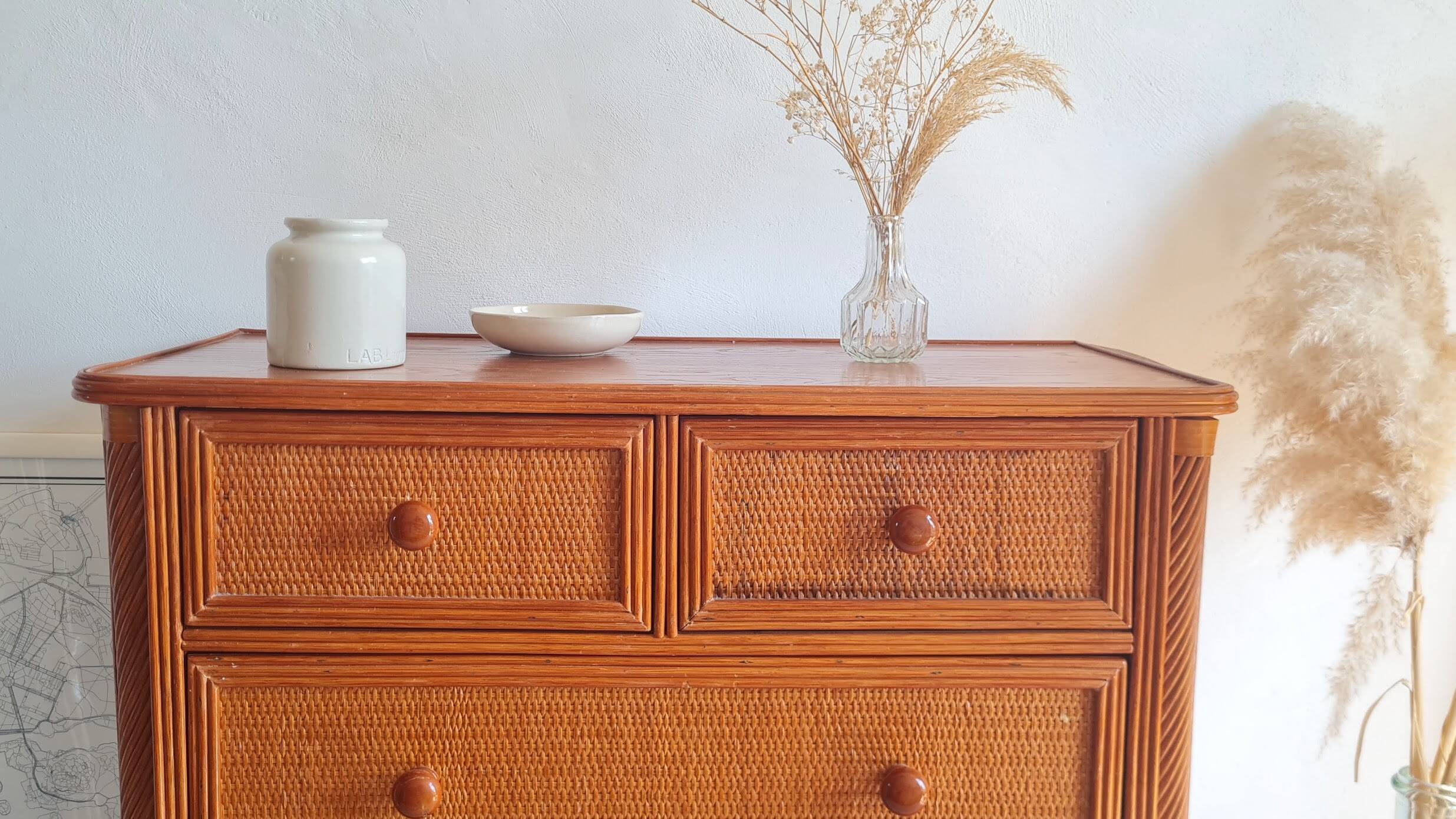 Vintage rattan chest of drawers