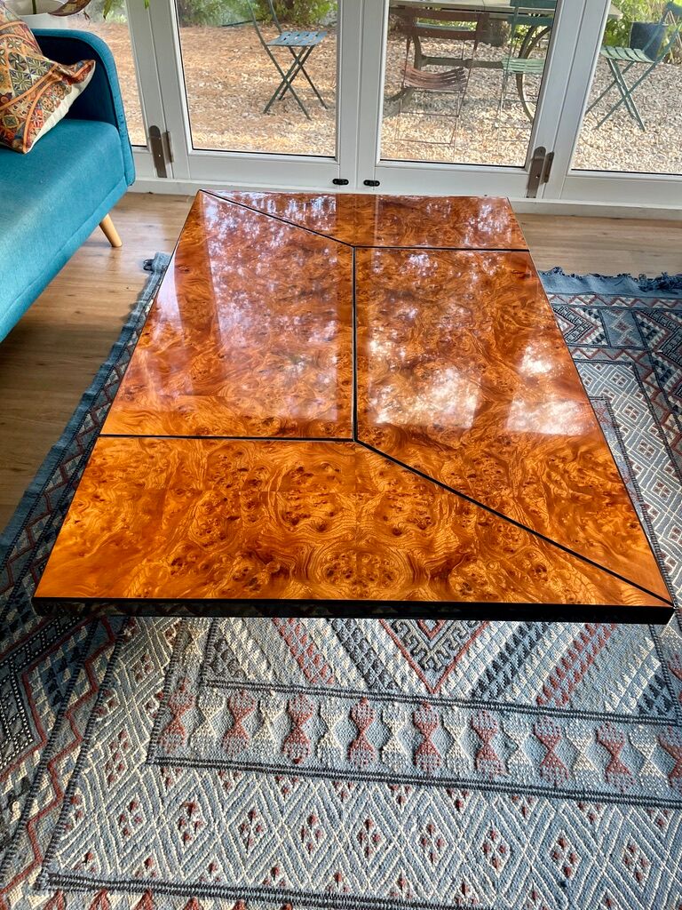 Table basse bar cocktail caché en loupe d'orme de Paul Michel, 1970 Roche Bobois