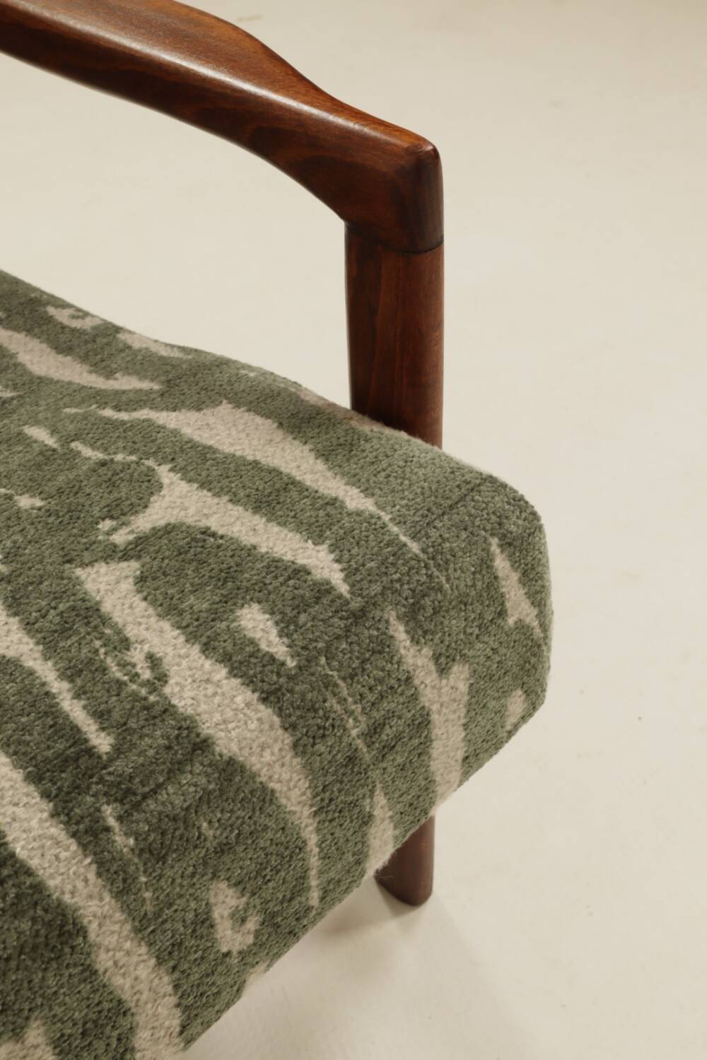 Vintage green jacquard armchair, mid-century modern design, 1965.