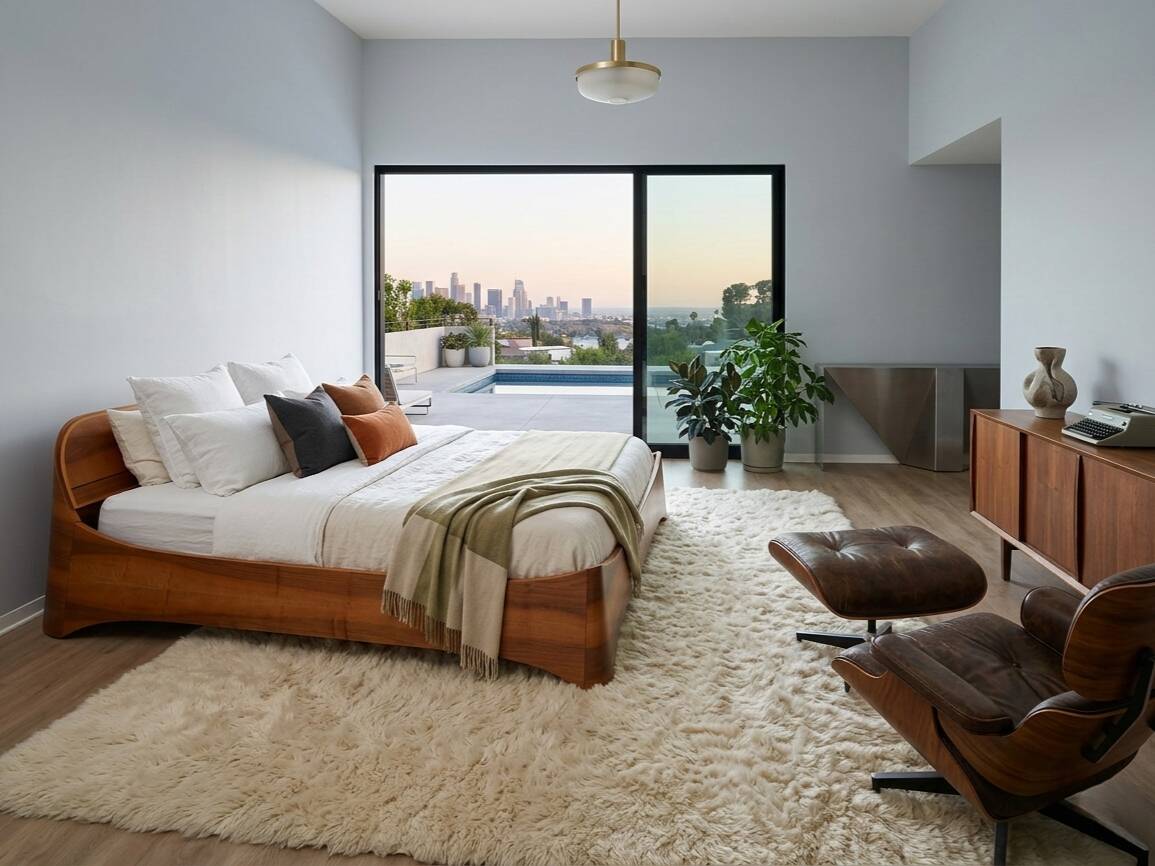 Italian 1970s Curved Walnut Bed Frame with Storage Headboard