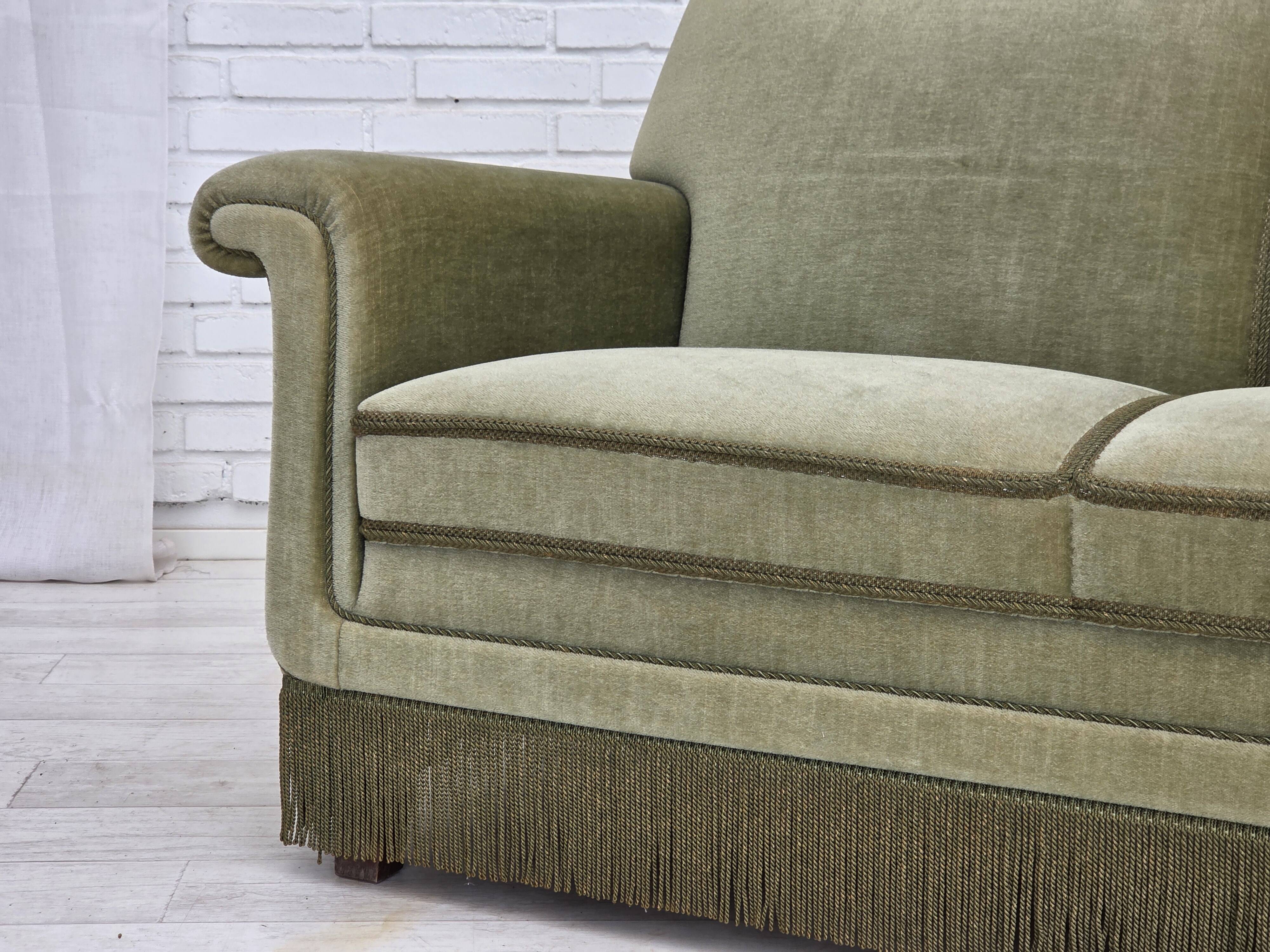 1970s, Danish 3-seater sofa, green furniture velour, beech wood.