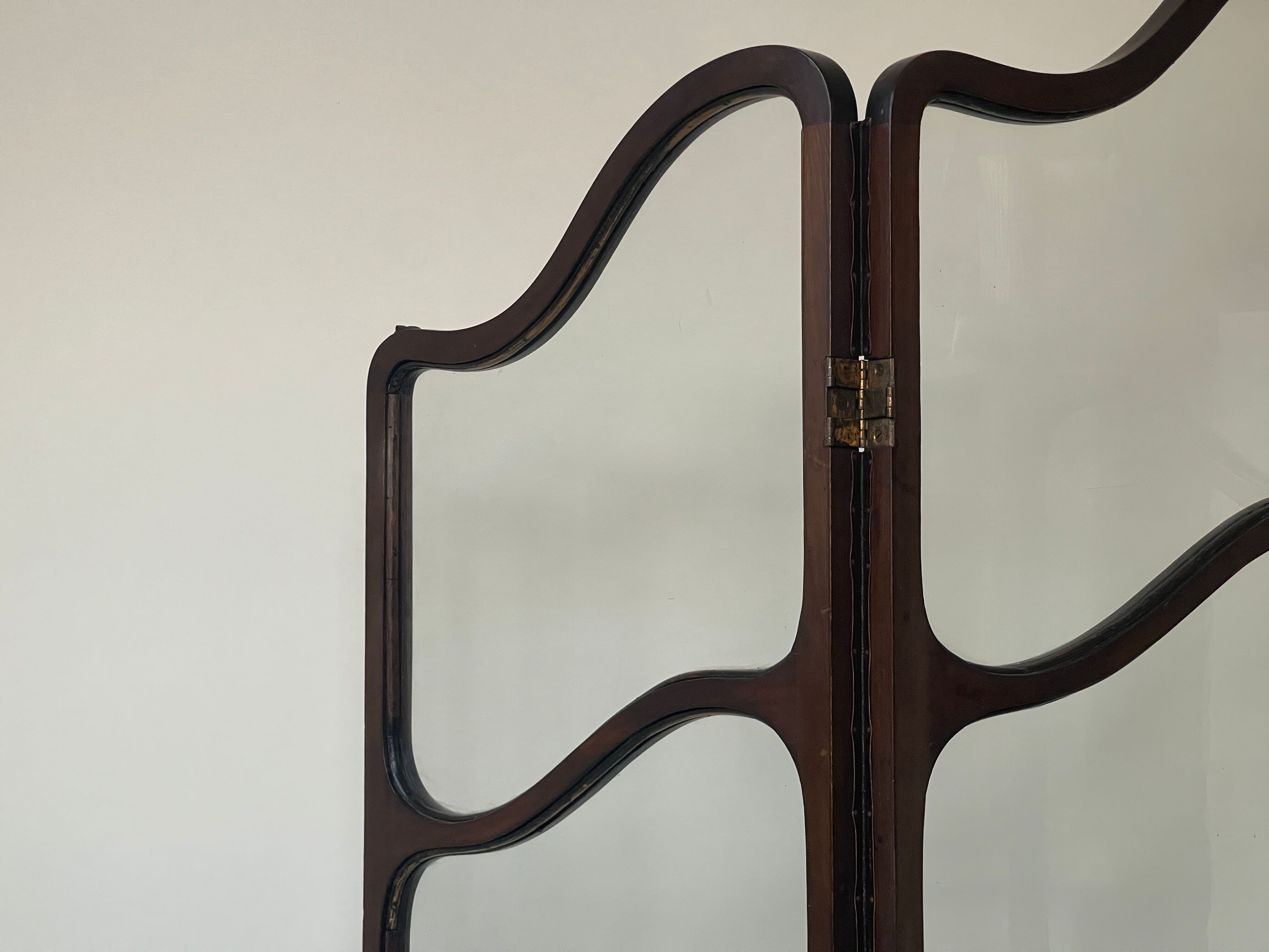 Art nouveau mahogany and glass concertina screen