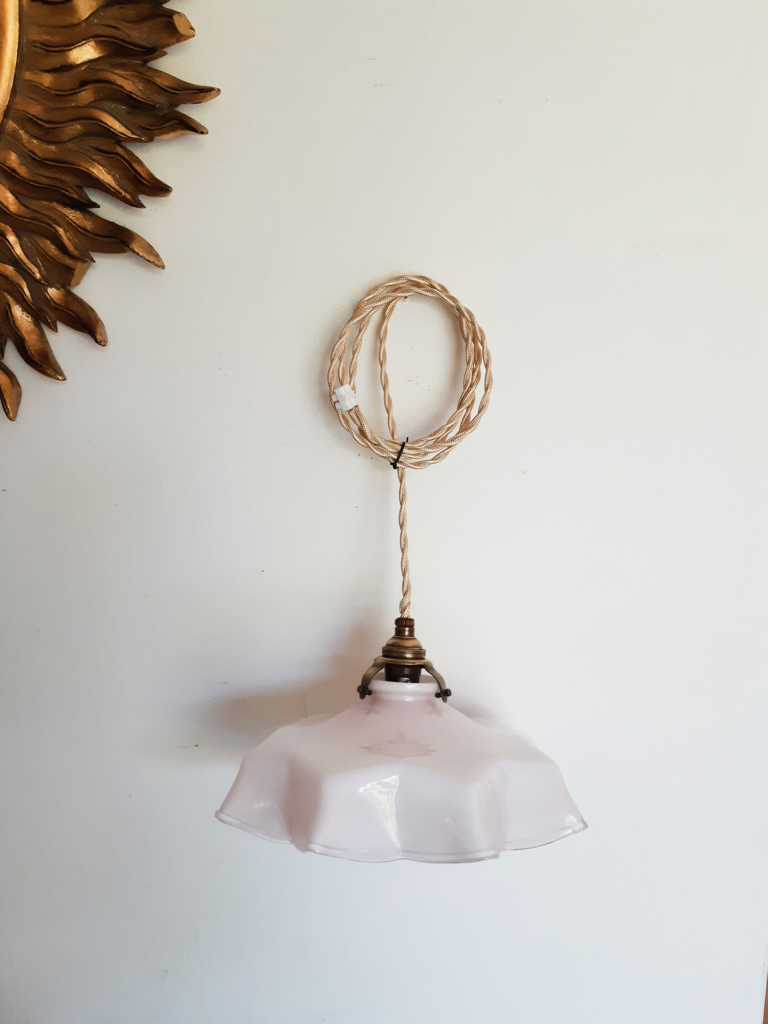 Vintage pastel pink and white glass luminaire, petticoat shape