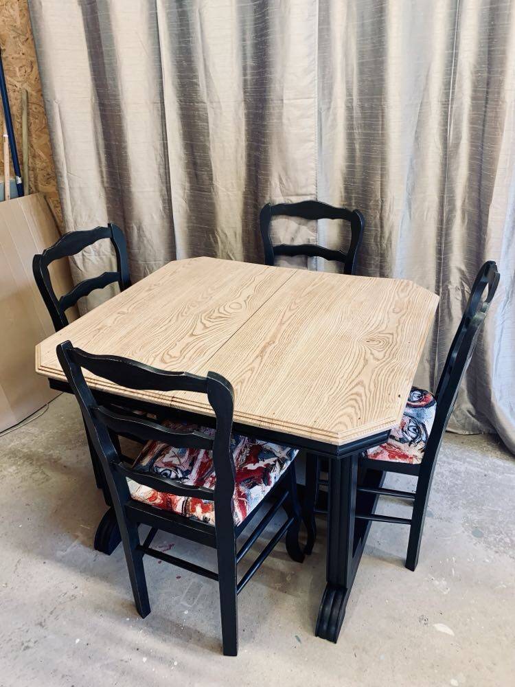 Art Deco dining table with raw wood top