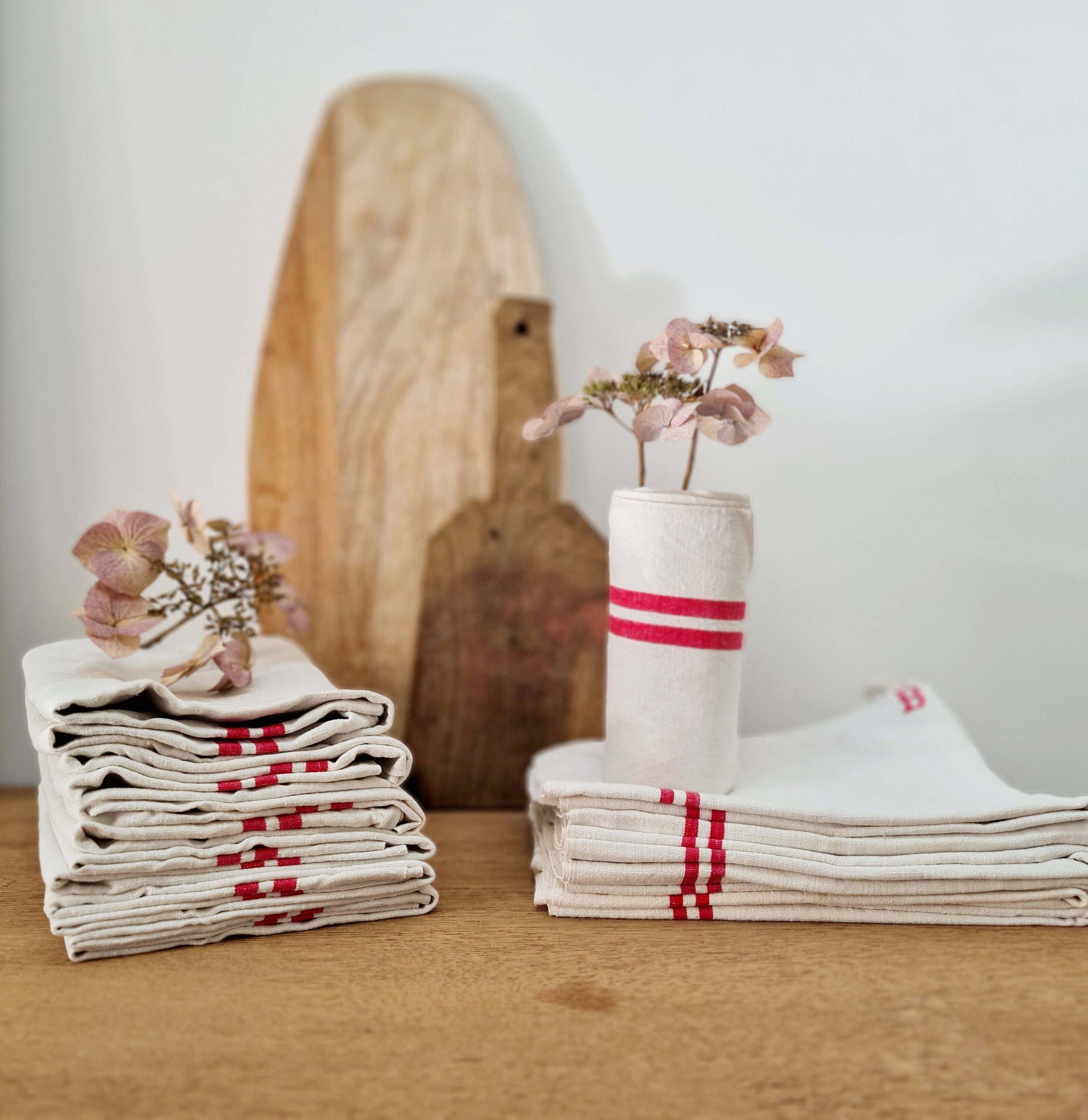 Striped and monogram linen tea towel