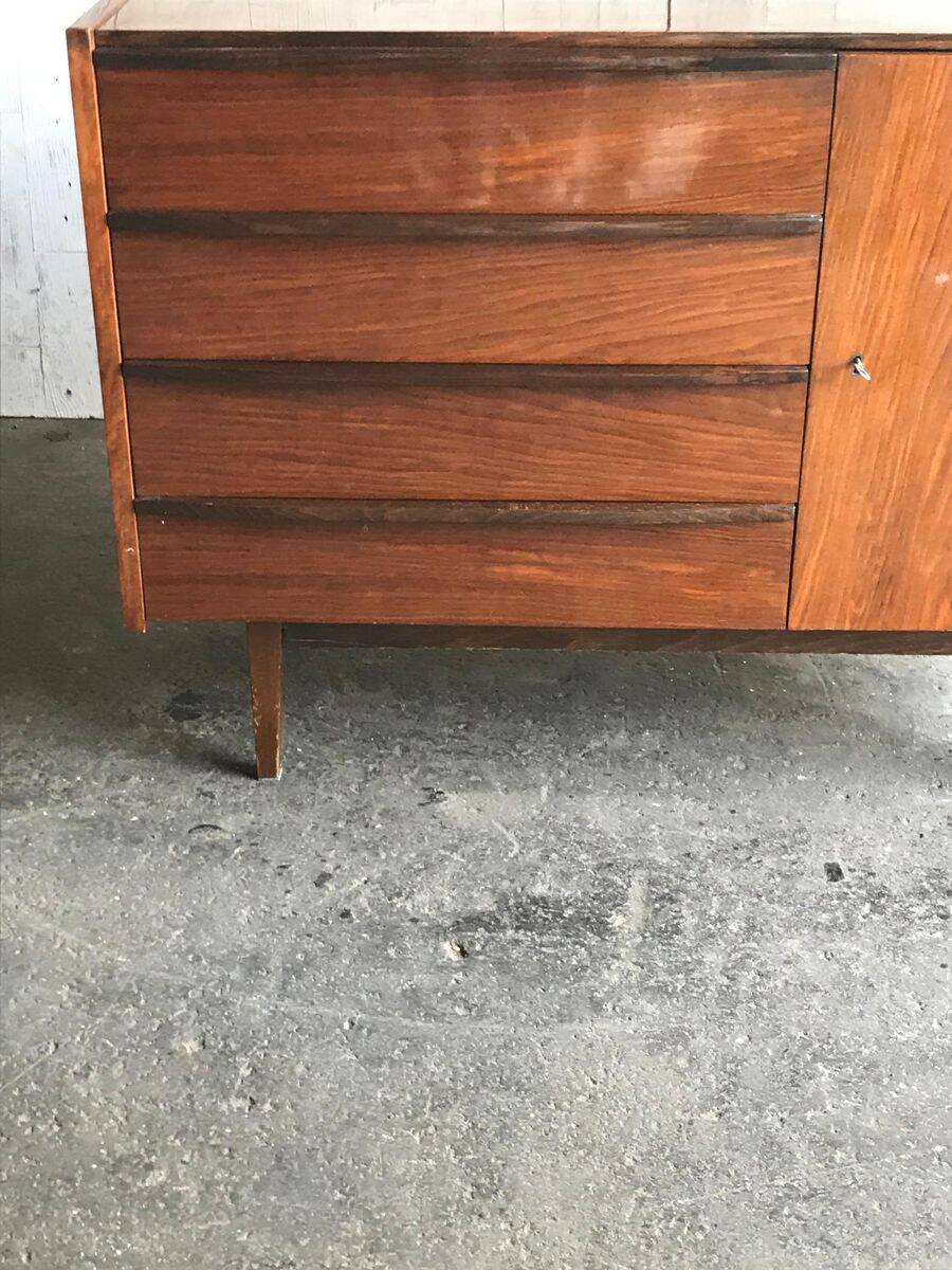 Vintage 1960s enfilade from Prague in brown wood, with 4 drawers and 1 door, Mid-Century style.