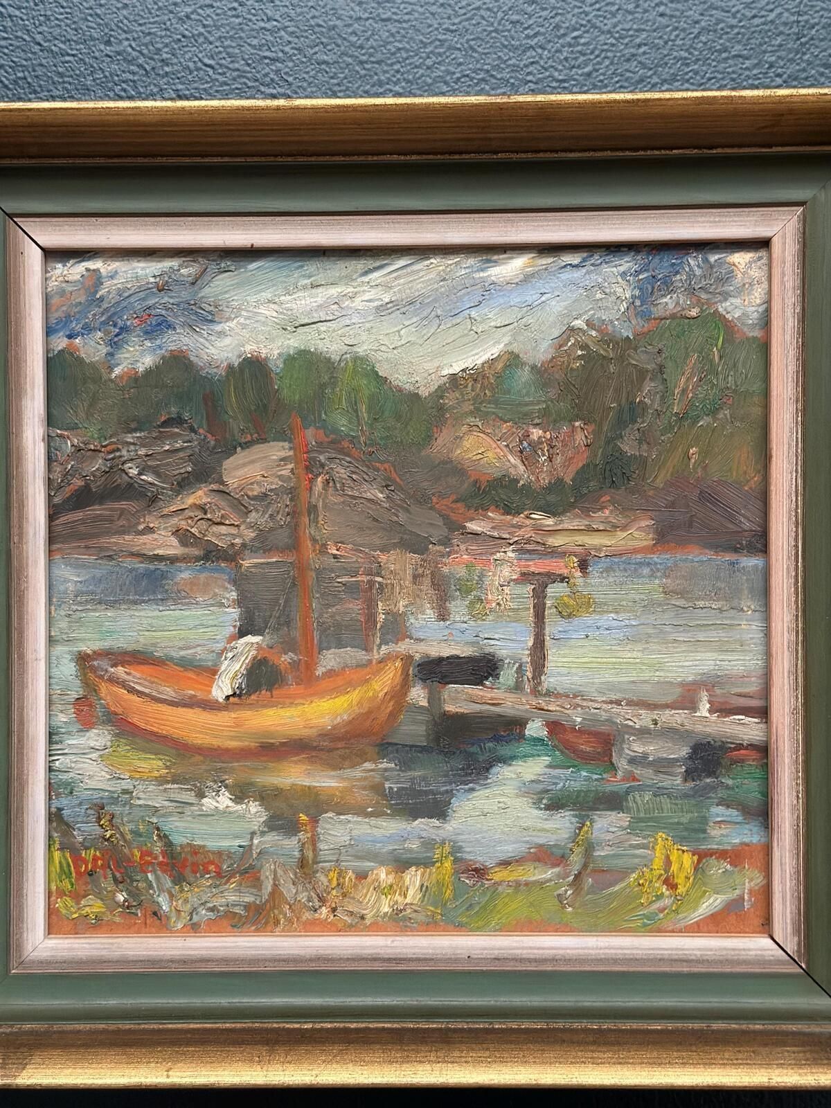 Original Swedish Oil On Panel – “Dock” By Dal‑Edvin – Signed – Vintage & Framed – 31 × 30 Cm (12.2" × 11.8")