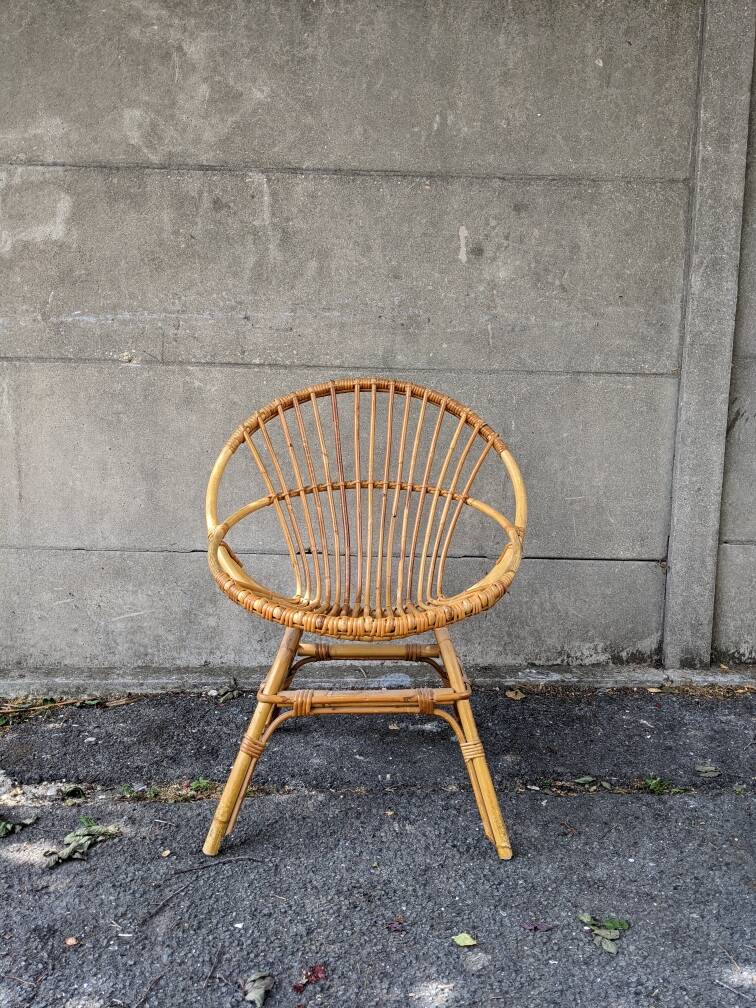 Vintage rattan shell armchair from the 70s, handmade bohemian