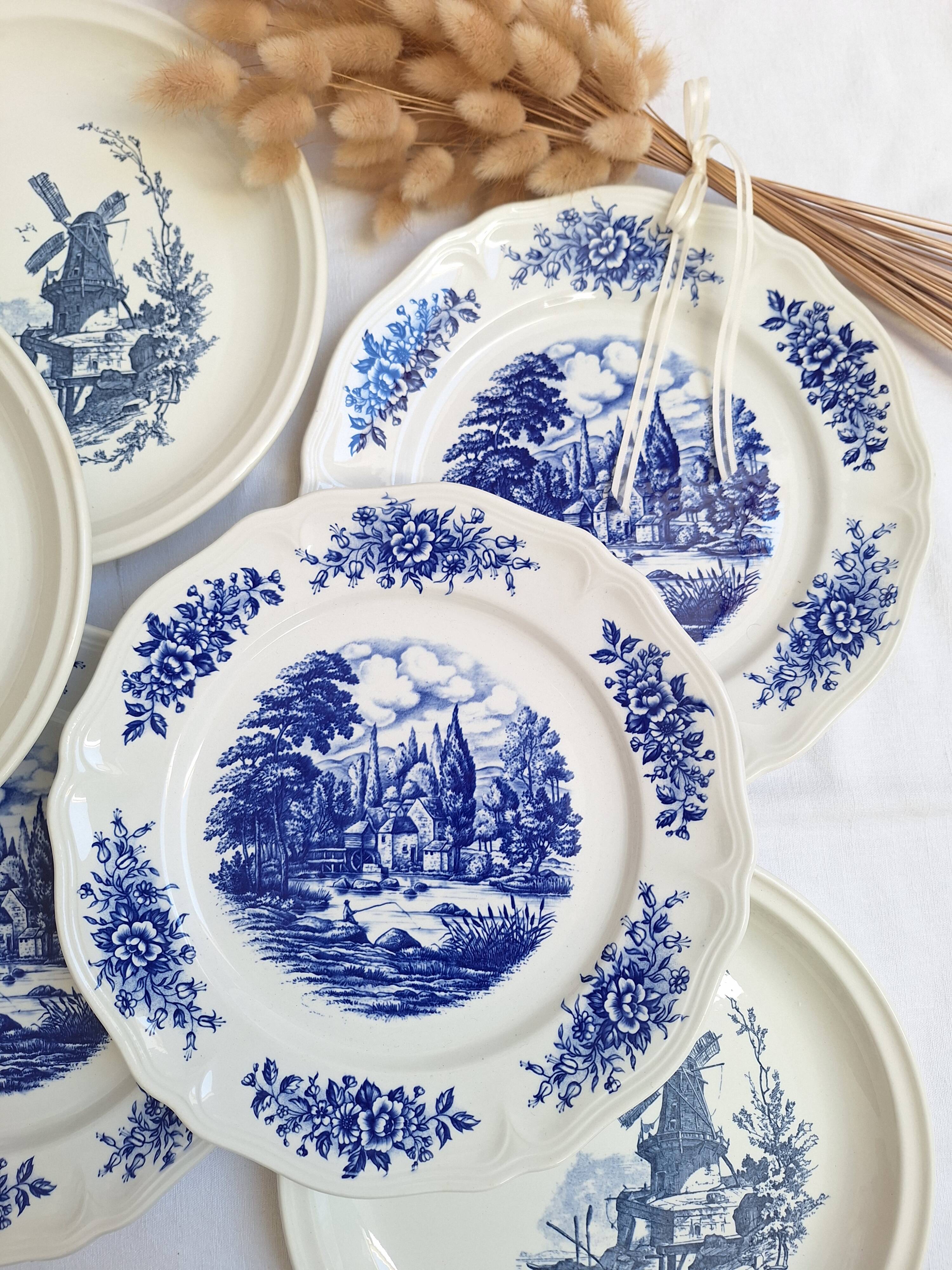 Vintage blue Moulin des Loups dinner plates