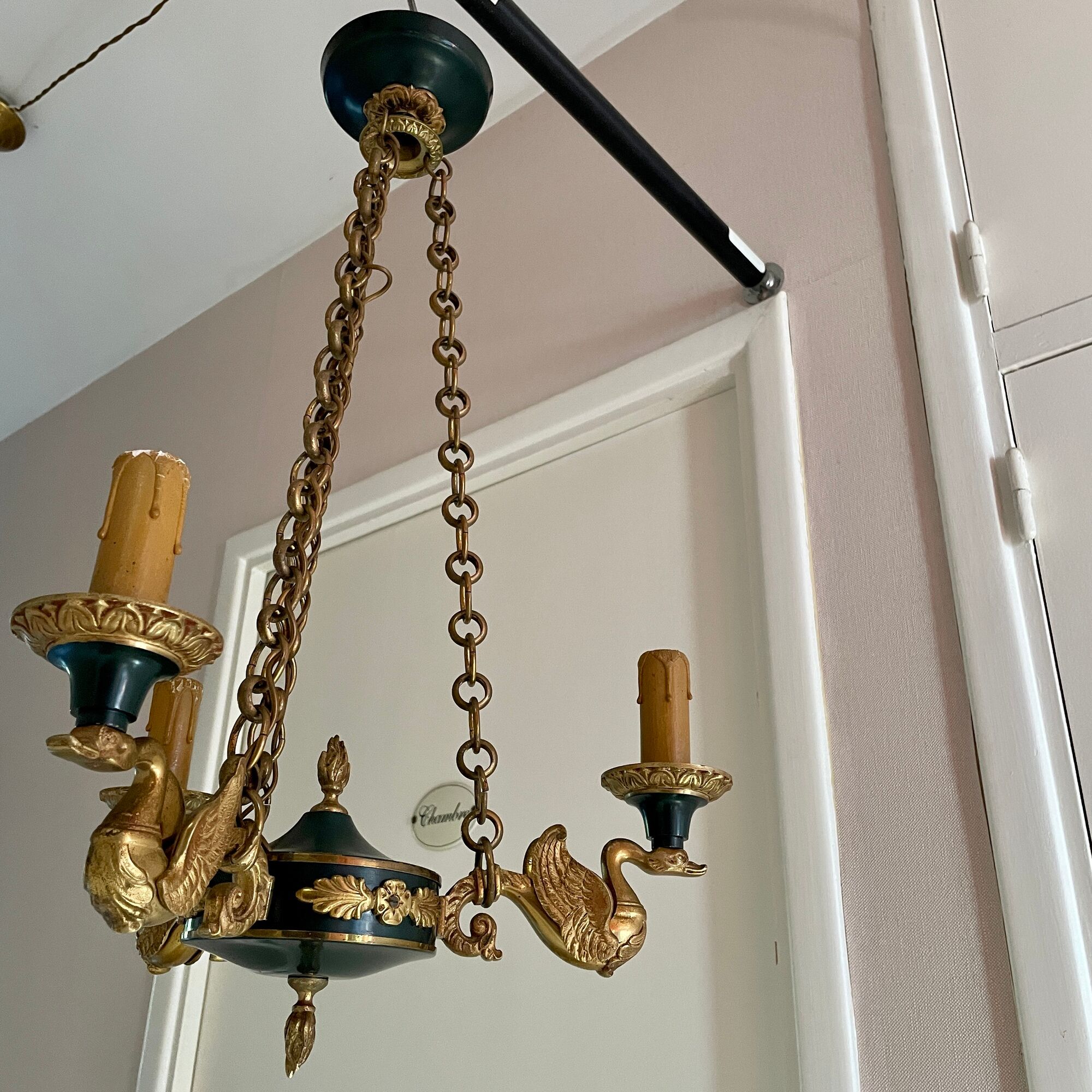 Lucien gau chandelier pendant lamp in bronze with swan decoration.