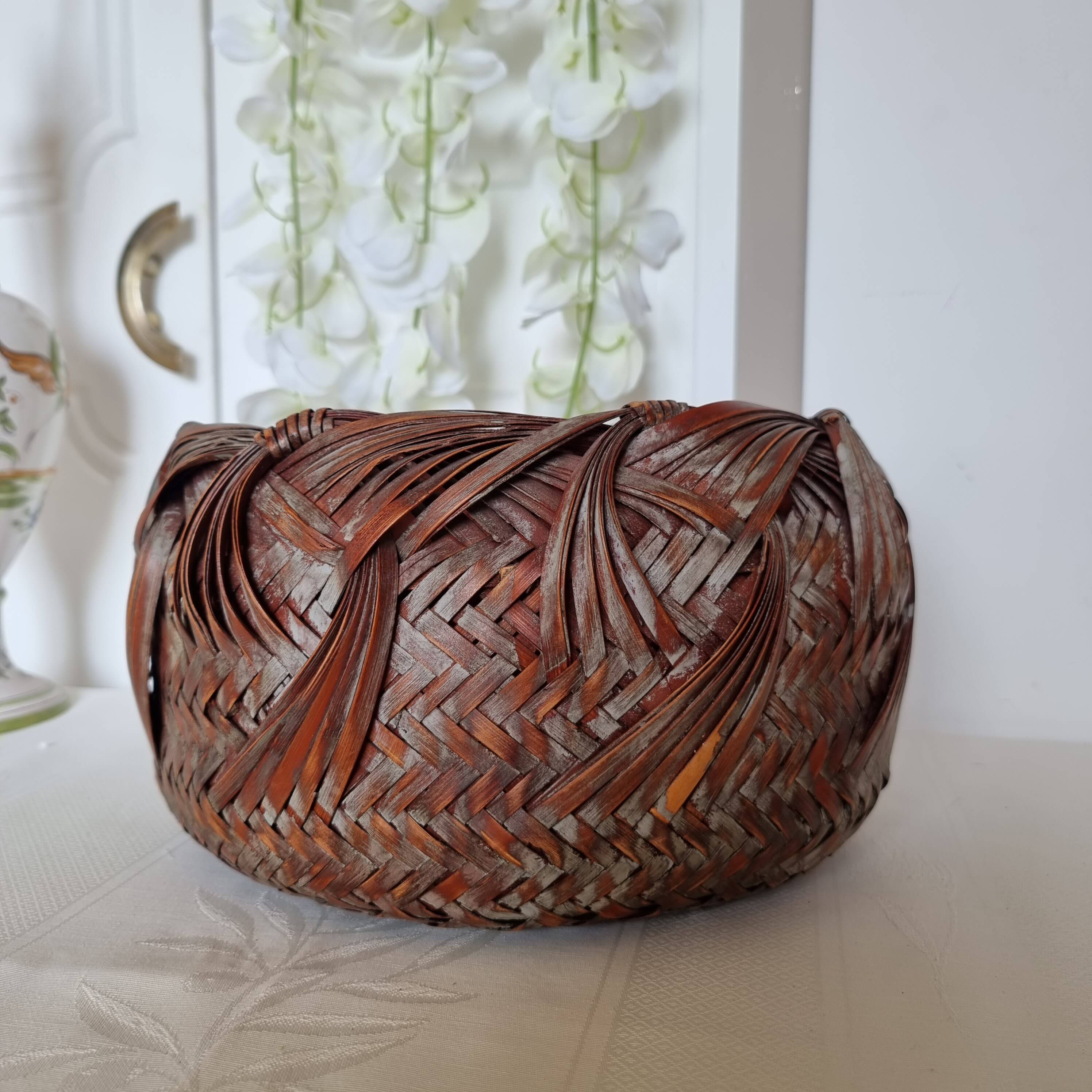 Vintage Japanese Ikebana basket made of smoked bamboo in natural