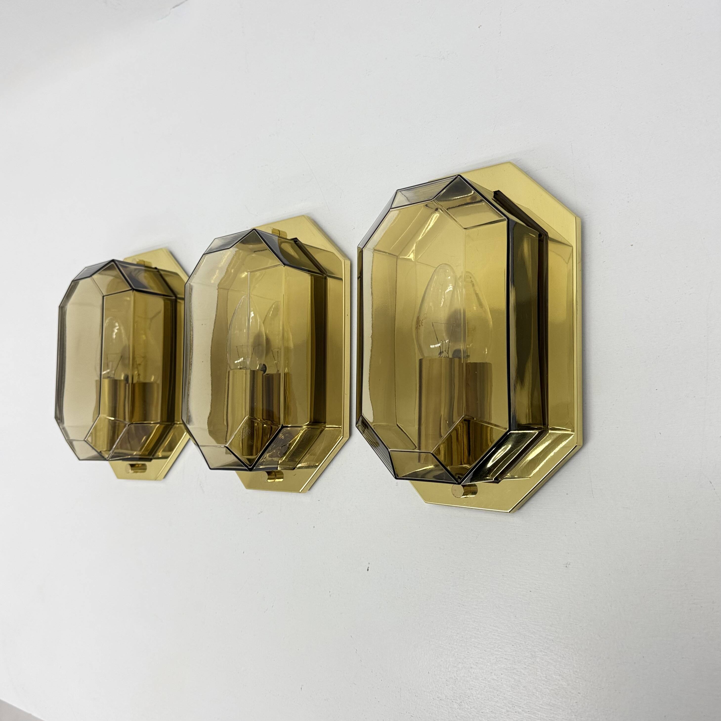 Set of 3 Limburg Glashütte smoked glass and brass wall lamps sconce , 1970s