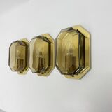 Set of 3 Limburg Glashütte smoked glass and brass wall lamps sconce , 1970s