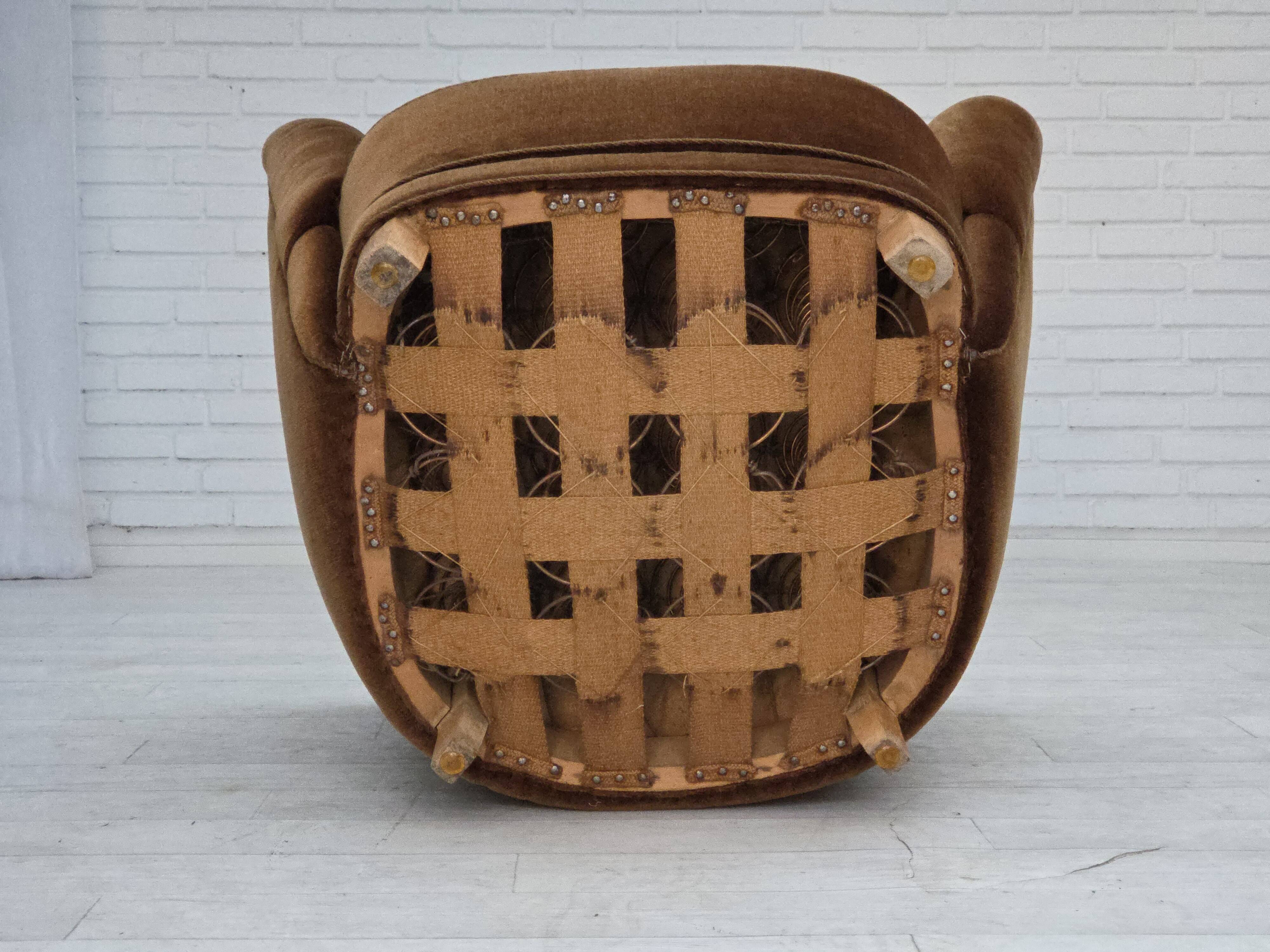 1960s, Danish curved chair, brown furniture velour.