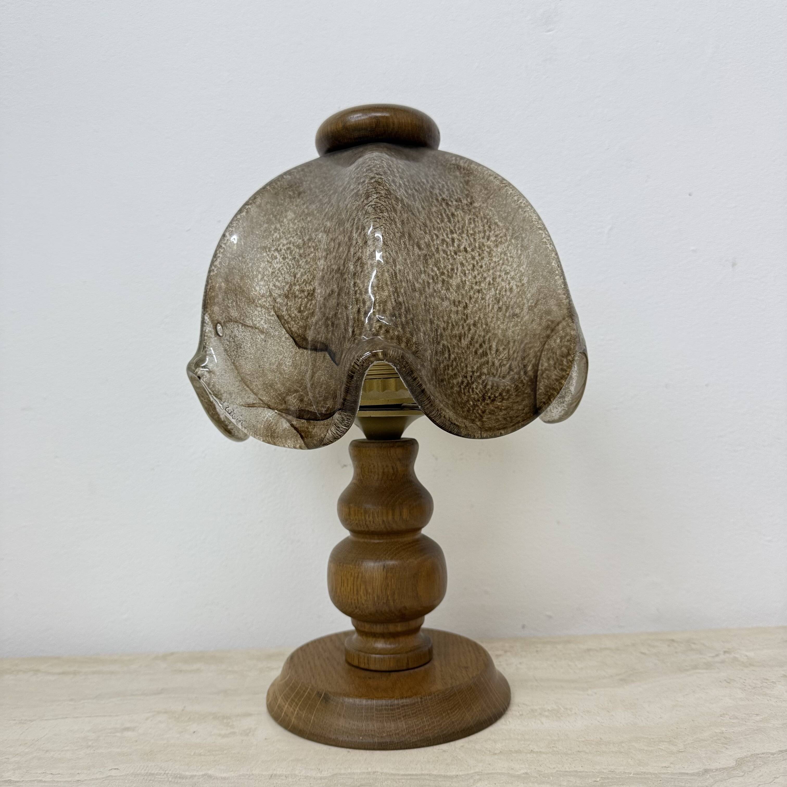 Vintage brutalist glass table lamp with solid oak wooden base , 1970s