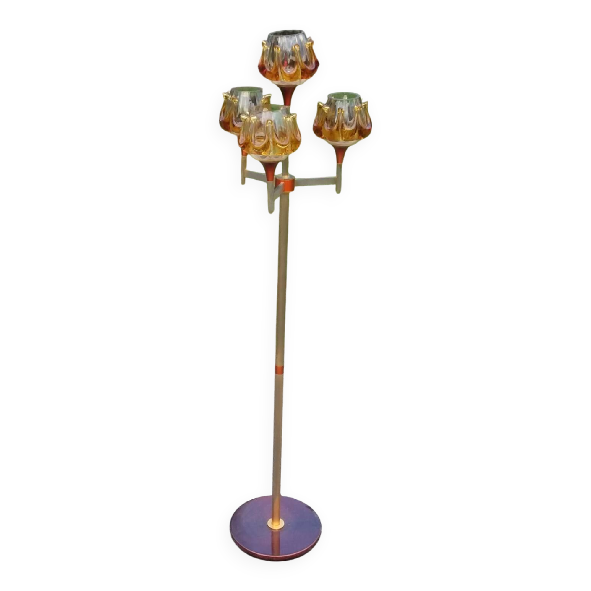 1970s design floor lamp in gold and orange chrome metal with 4 glass tulips