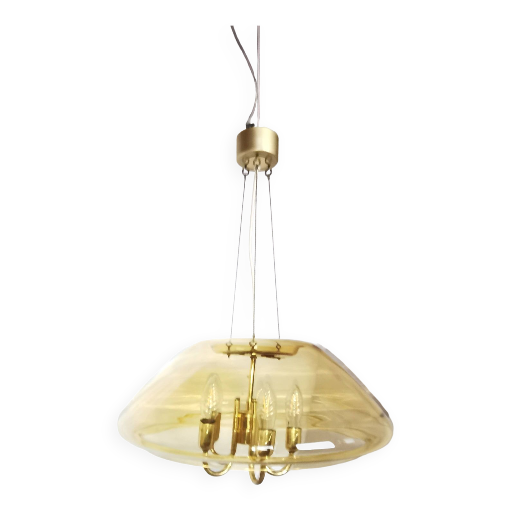 Large chandelier in brass and smoked glass, six branches, space age, baroque, Italy, 1970.