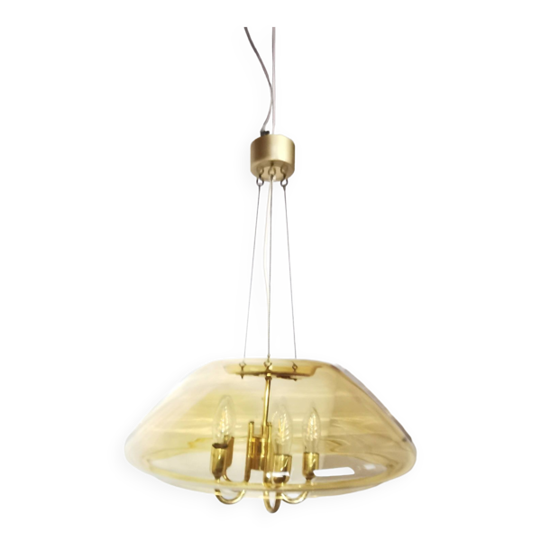 Grand lustre en laiton et verre fumé, six branches, space age, baroque, Italie, 1970. — Beyit