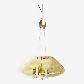 Large chandelier in brass and smoked glass, six branches, space age, baroque, Italy, 1970.