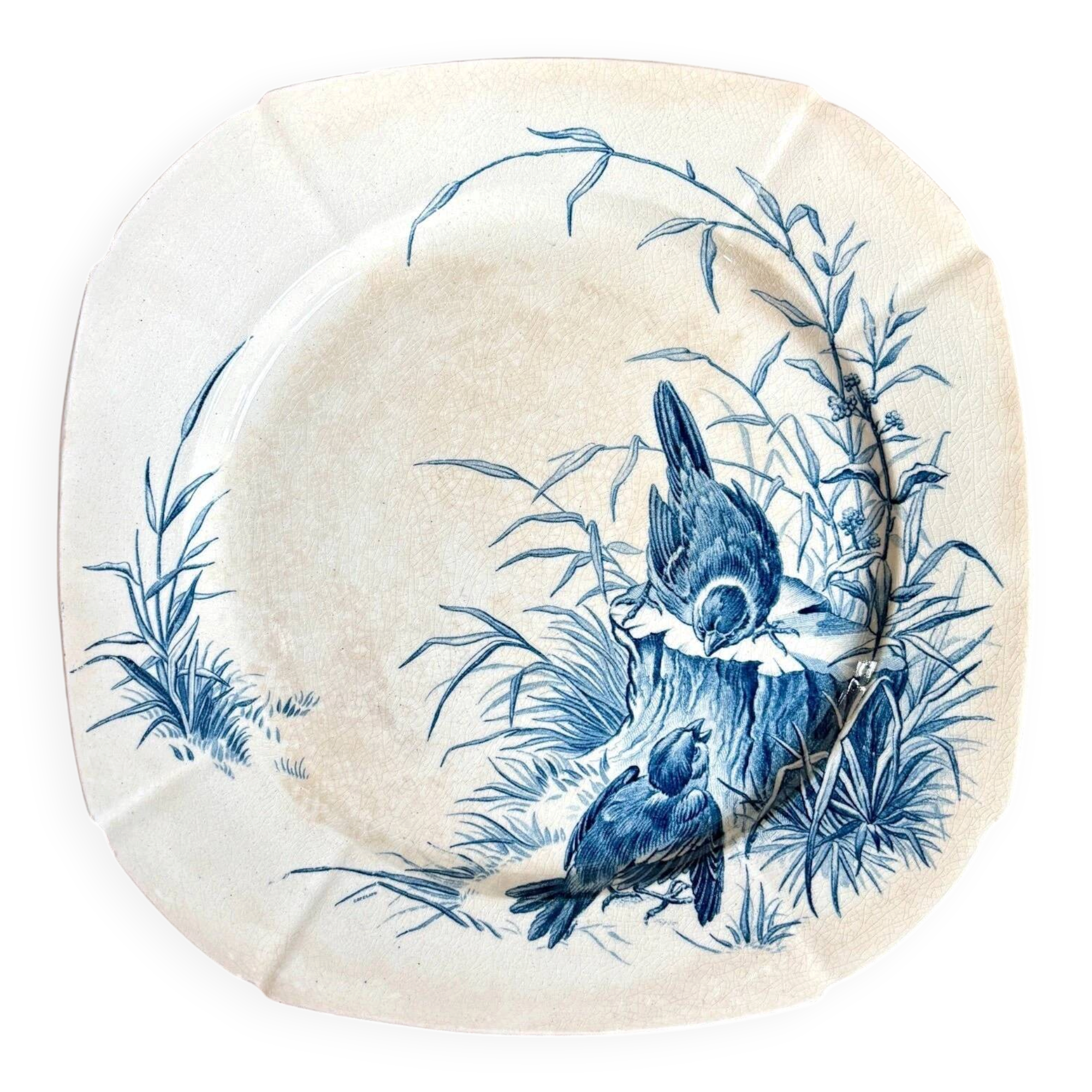 Blue ironstone plate from Gien, "Birds" service, circa 1870, no. 5.