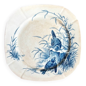 Assiette plate Gien en terre de fer bleue, service "Oiseaux" vers 1870 n°5