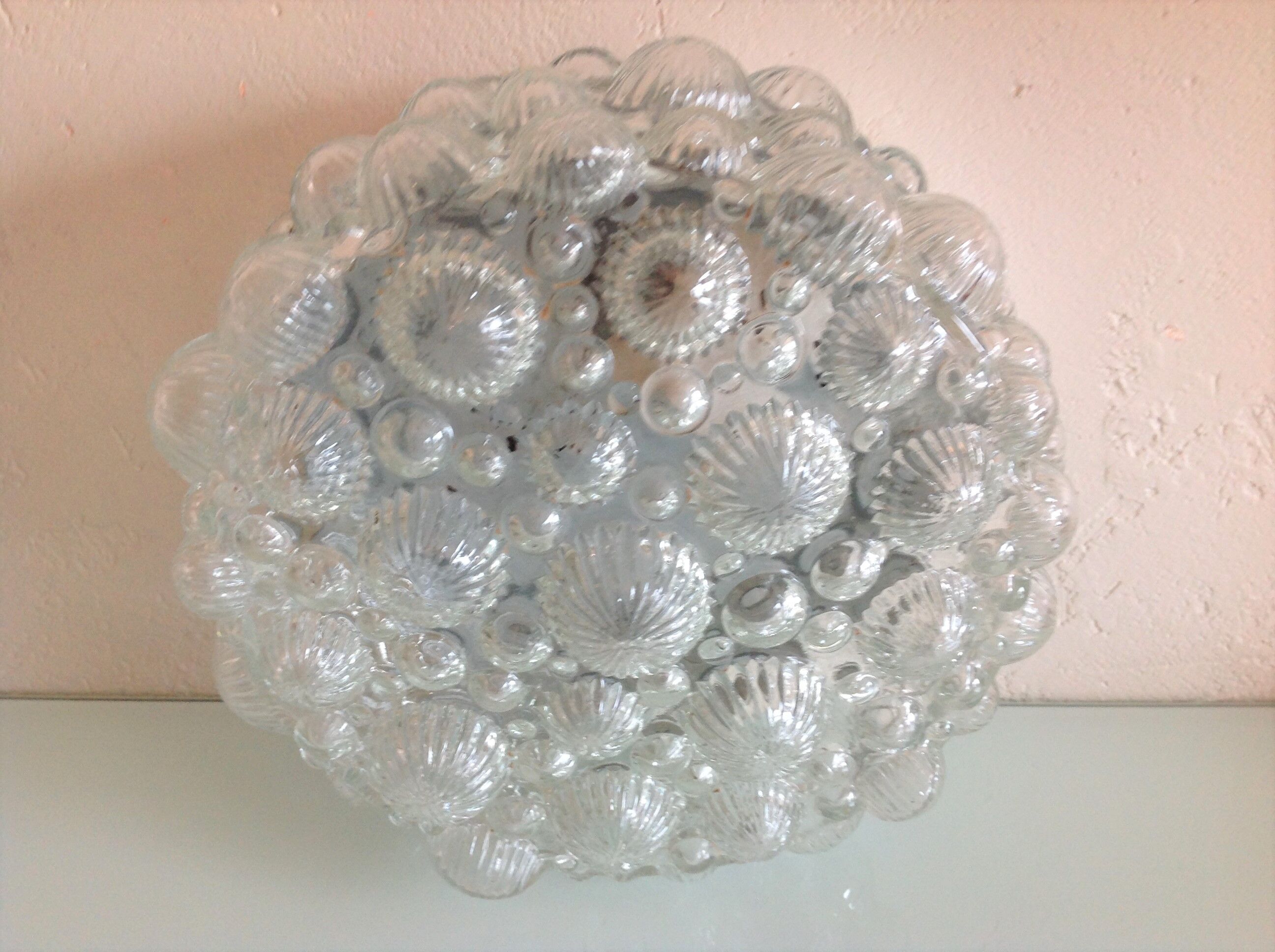 Round ceiling lamp in vintage bubbled glass 60s-70s