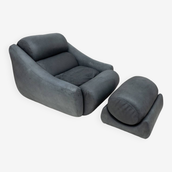 Grande chaise longue et pouf en cuir, 1970