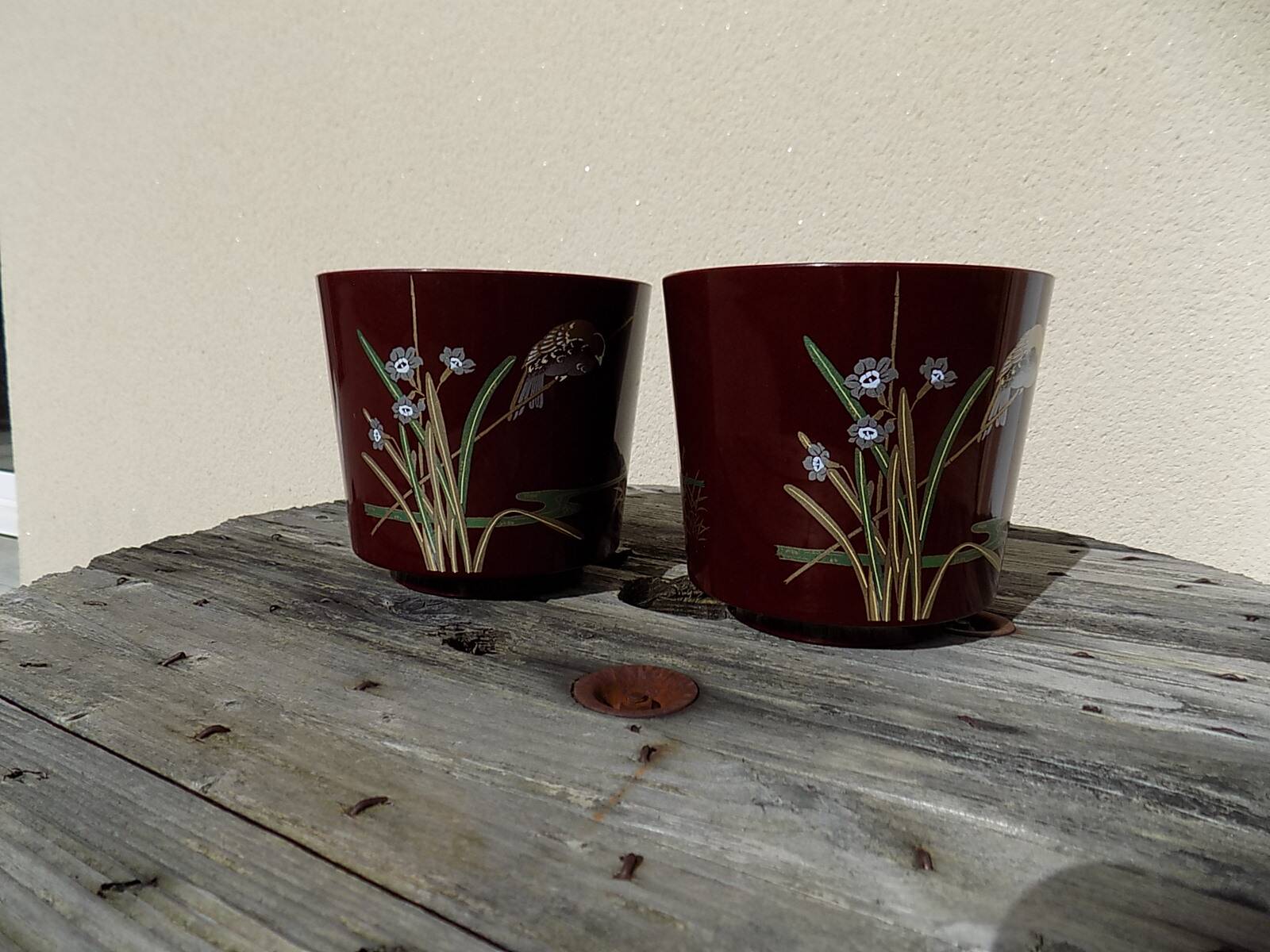 Pair of vintage Asian patterned flowerpots from the 1980s