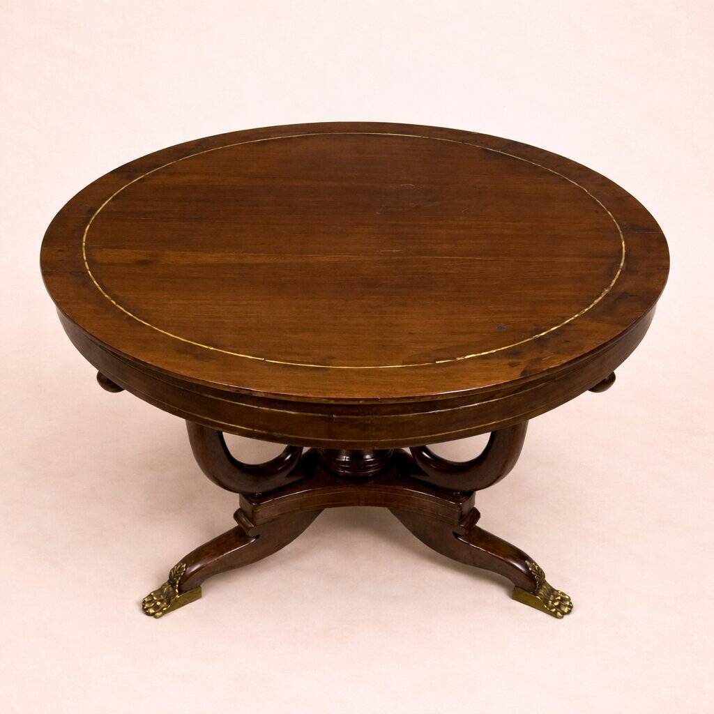 Table ronde Empire – acajou avec incrustations et pieds griffes