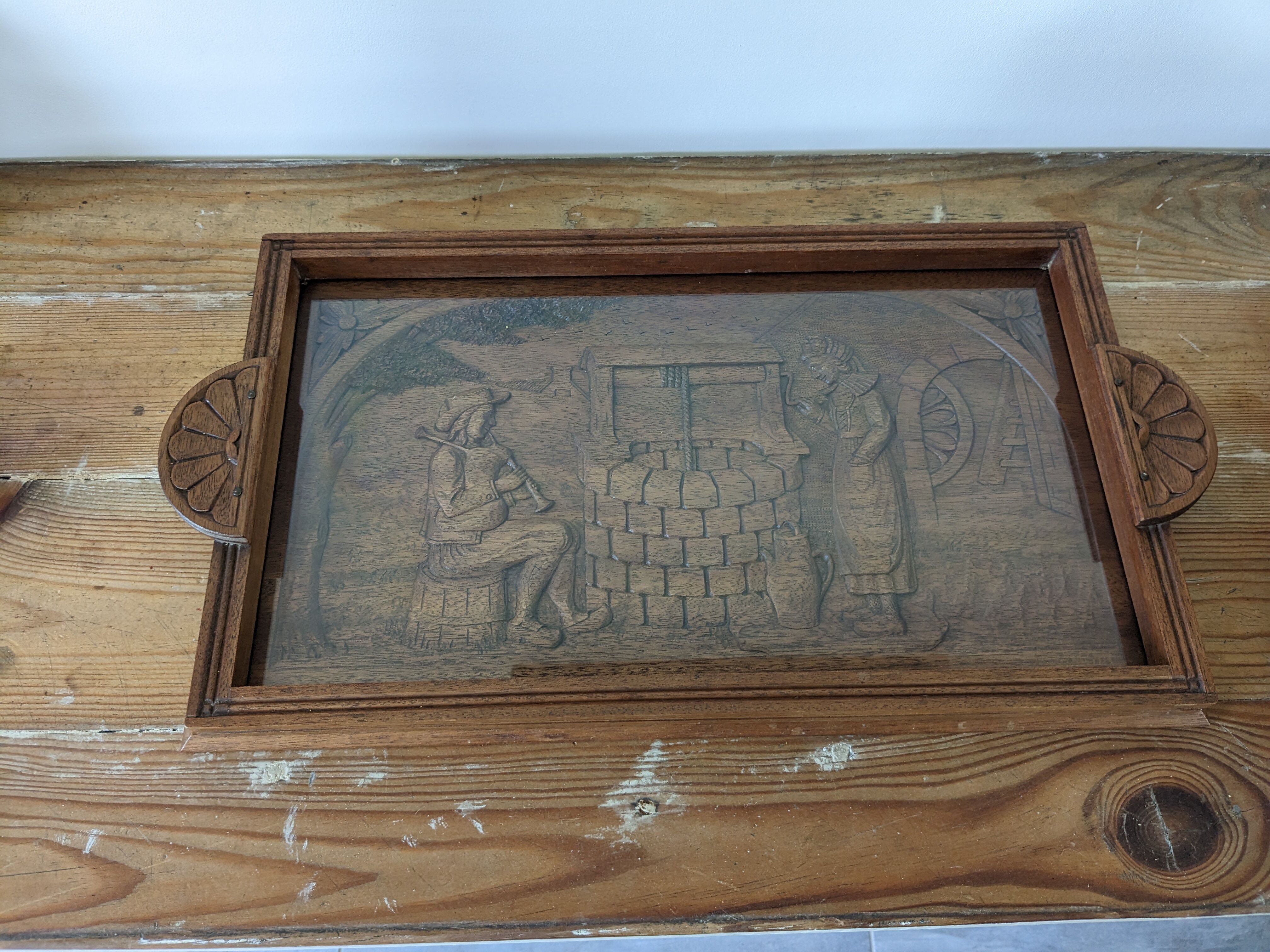 Vintage wooden serving tray signed Souron