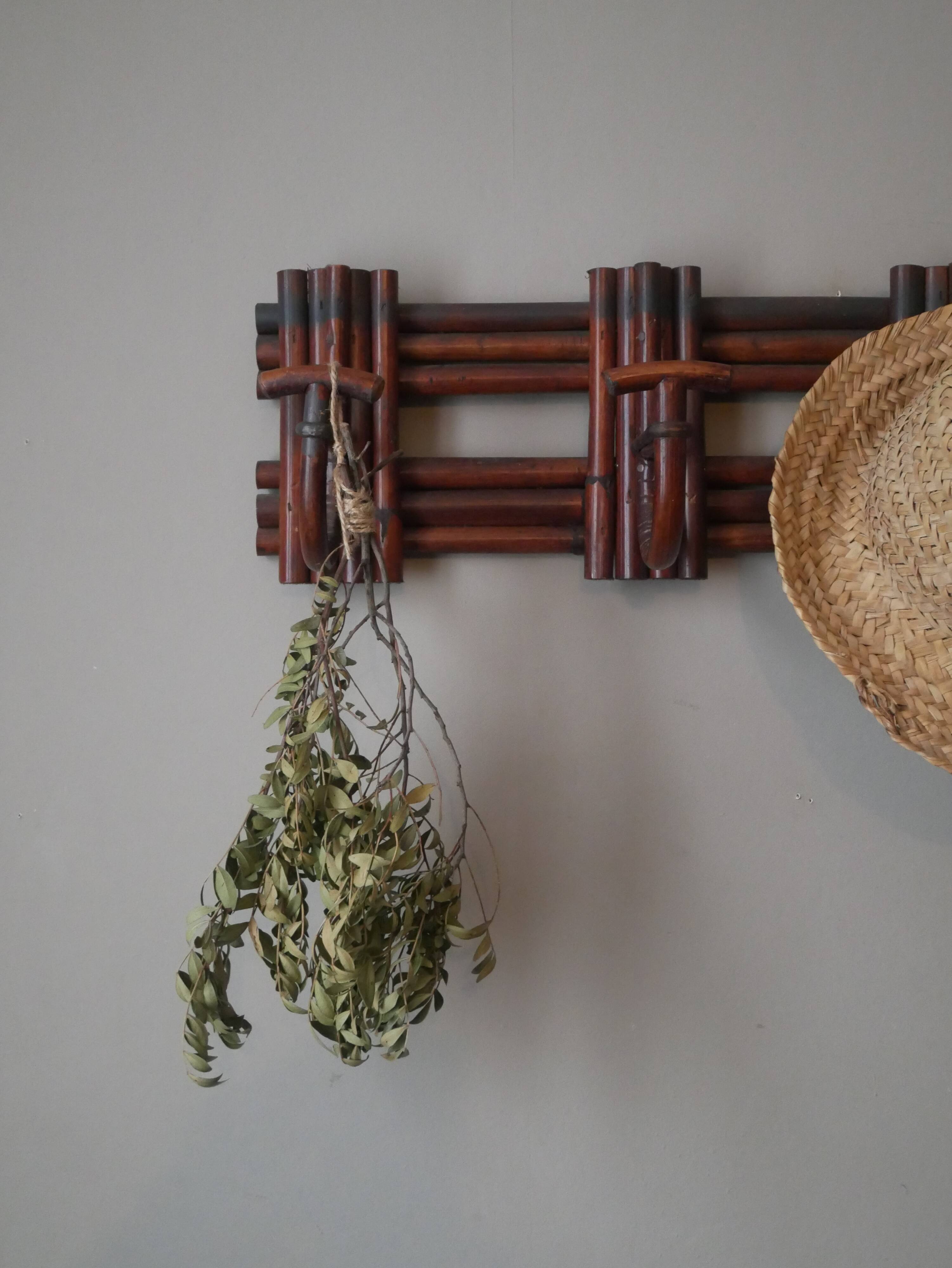 Vintage rattan handcrafted coat rack with three hooks, country decor