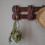 Vintage rattan handcrafted coat rack with three hooks, country decor