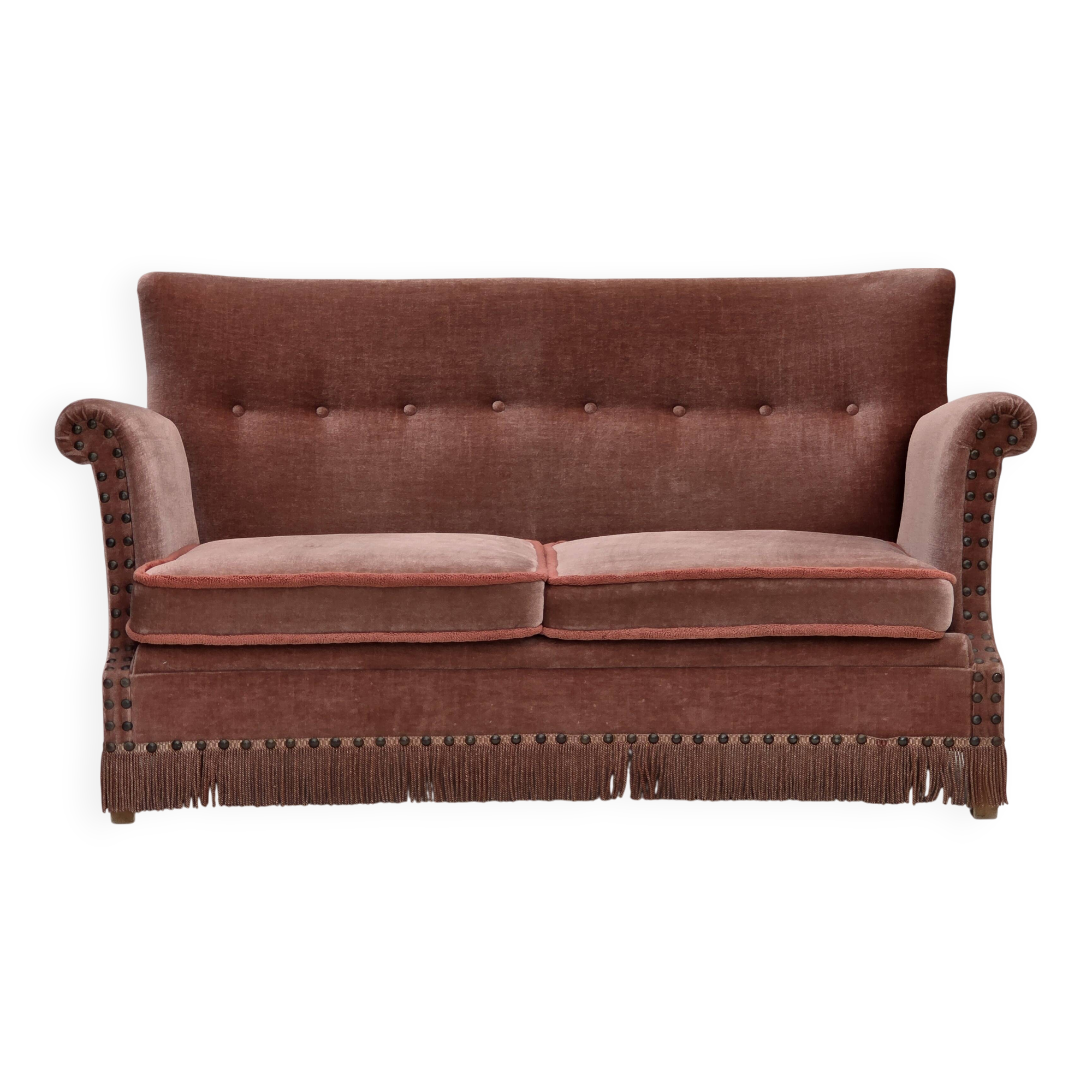 1970s, Danish 2-seater sofa, salmon pink furniture velour, beech wood.