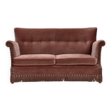 1970s, Danish 2-seater sofa, salmon pink furniture velour, beech wood.