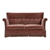 1970s, Danish 2-seater sofa, salmon pink furniture velour, beech wood.