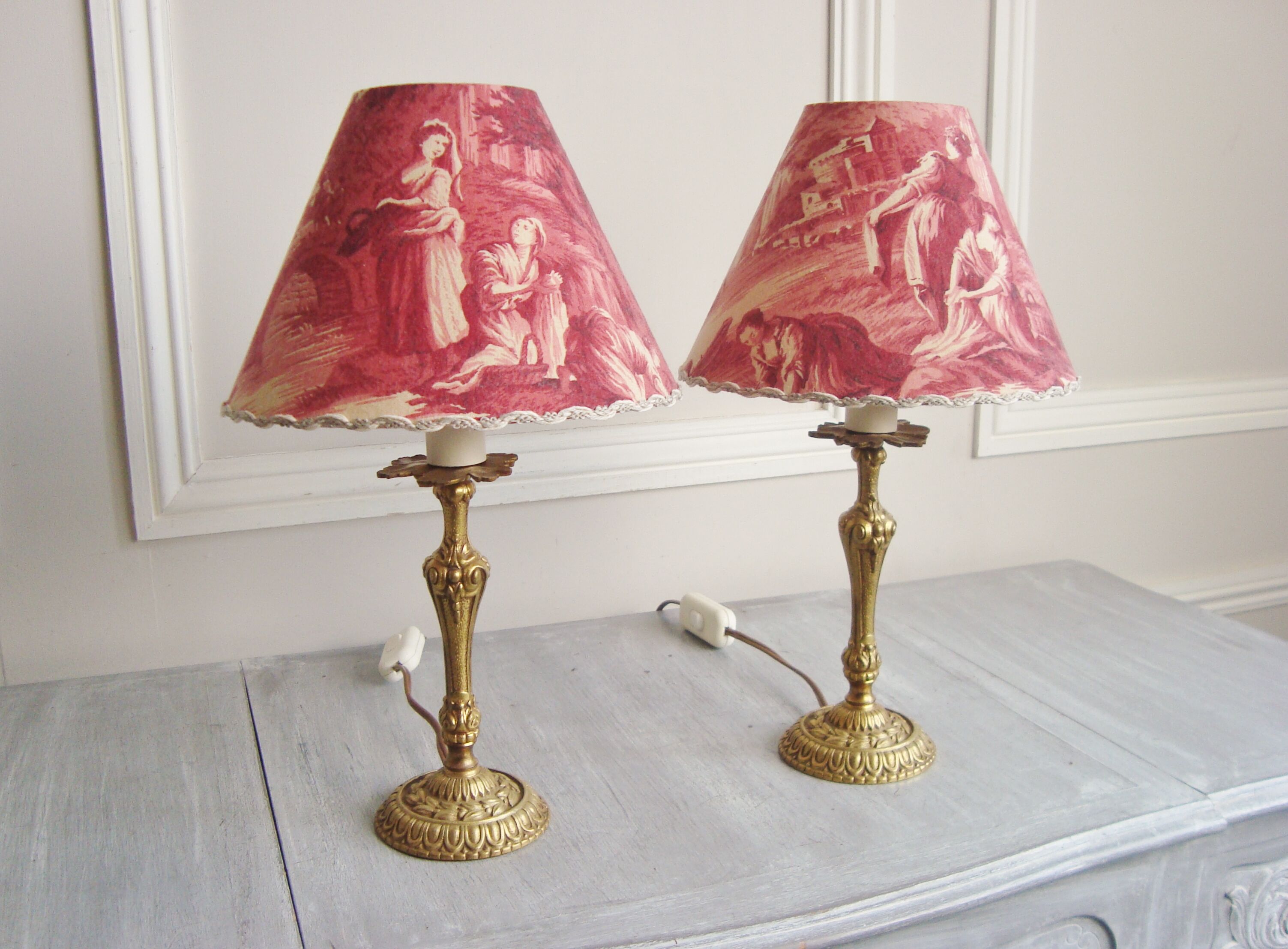 Pair of brass lamps with handmade lampshades in vintage toile de Jouy fabric